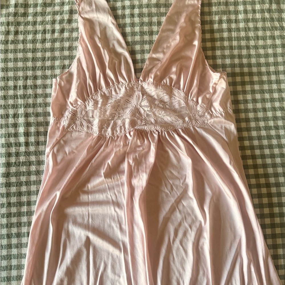 Vintage Elegant Pink Lace Silk Long Nightgown